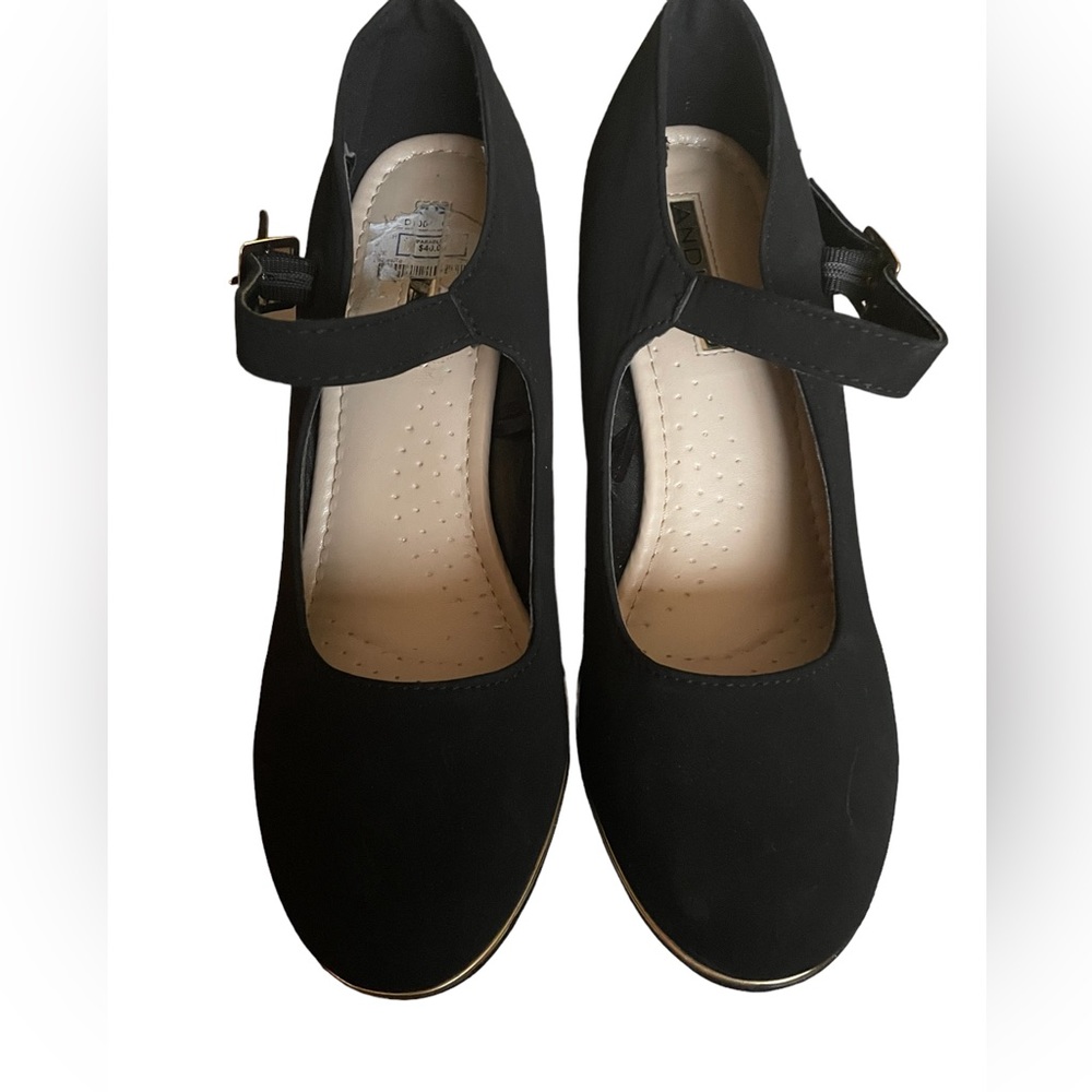 Andiamo black suede Mary Jane wedge with gold trim size 8